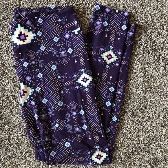 LuLaRoe Blue Multicolor Aztec Print Leggings Women's One Size Tall and Curvy - Picture 6 of 7